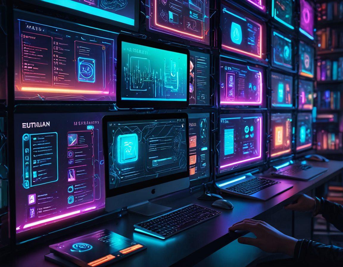 A futuristic, sleek web browser interface with tabs open to various vibrant and visually appealing websites. Bookshelf icons morphing into bookmarks and interconnecting links forming an intricate network. Cybernetic hands skillfully organizing and managing the bookmarks and links. Cyberpunk. vibrant colors. 3D.