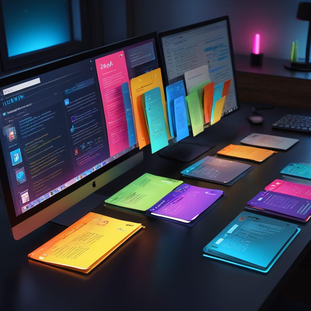 A cluttered but vibrant digital desktop filled with glowing bookmarks, URLs, and windows leading to various parts of the internet, transforming into an organized, sleek dashboard with neatly arranged icons, folders, and tags. The transition from chaos to order is the central theme, with a clear digital evolution. semi-realistic. vibrant colors. modern sleek design.